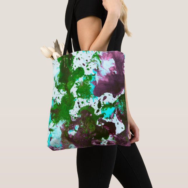 Colourful Abstract Splatter Paint Green and Purple Tote Bag (Close Up)