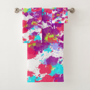 Colourful Abstract Splatter Paint, Red and Purple Bath Towel Set