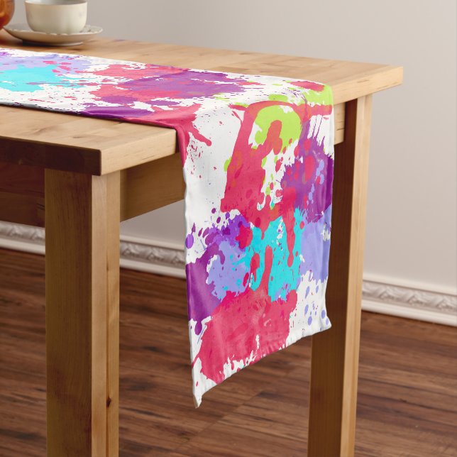 Colourful Abstract Splatter Paint, Red and Purple Short Table Runner (In Situ)
