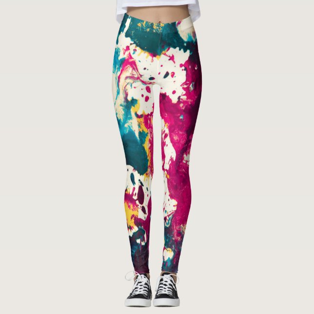 Colourful Abstract Splatter Paint Teal and Magenta Leggings (Front)
