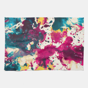 Colourful Abstract Splatter Paint Teal and Magenta Tea Towel