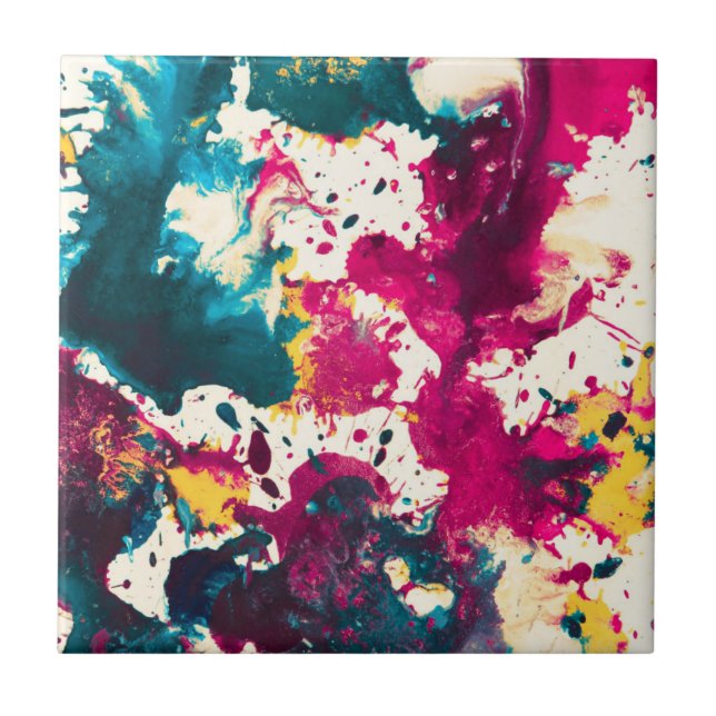 Colourful Abstract Splatter Paint Teal and Magenta Tile (Front)