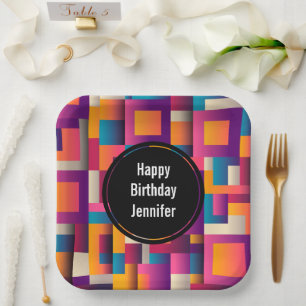 Colourful Abstract Squares and Shapes Birthday Paper Plate
