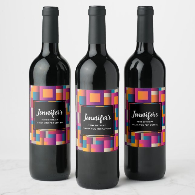 Colourful Abstract Squares and Shapes Birthday Wine Label (Bottles)