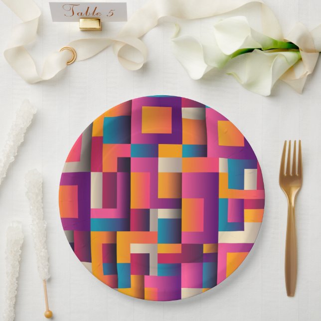Colourful Abstract Squares and Shapes Paper Plate (Wedding)