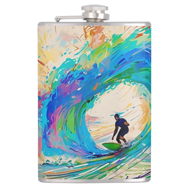 Colourful Abstract Surfer in The Barrel Wave  Hip Flask (Front)