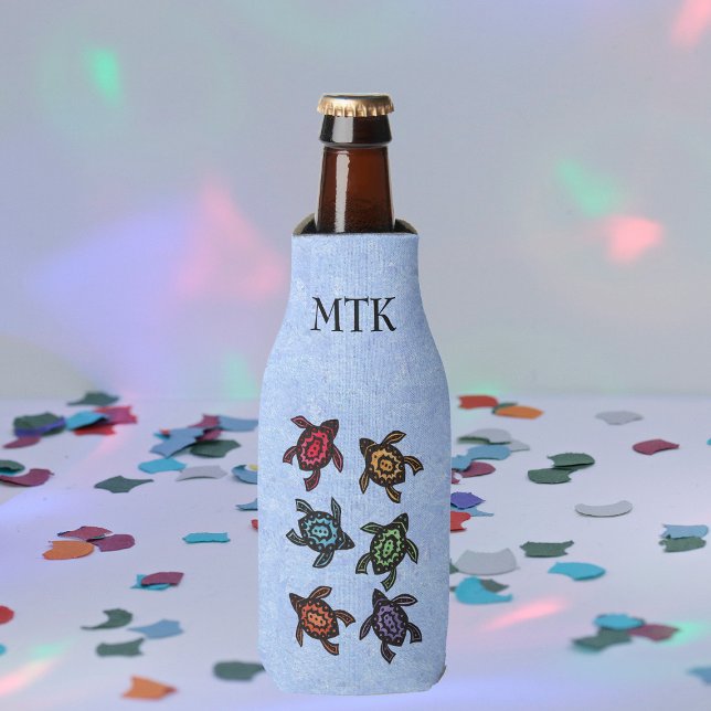 Colourful Abstract Swimming Turtles Bottle Cooler (Group black turtles colourful shells on light blue drink bottle cooler.)