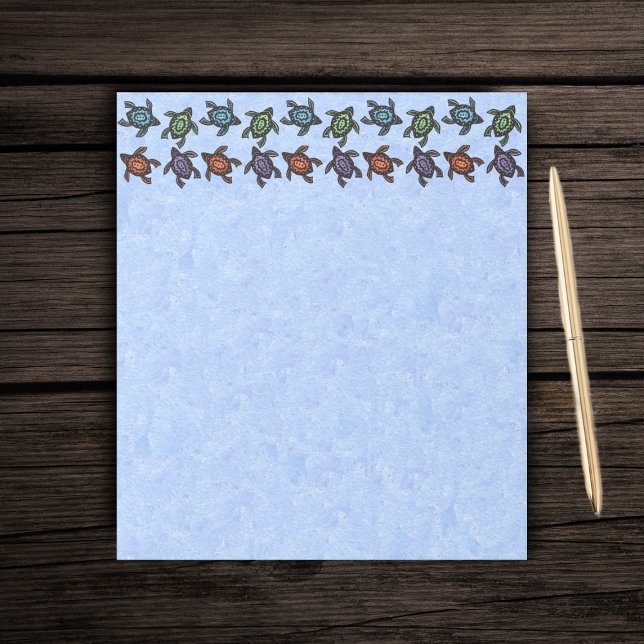 Colourful Abstract Swimming Turtles Notepad (Rows of abstract black turtles with coloured shells on light blue paper notepad.)