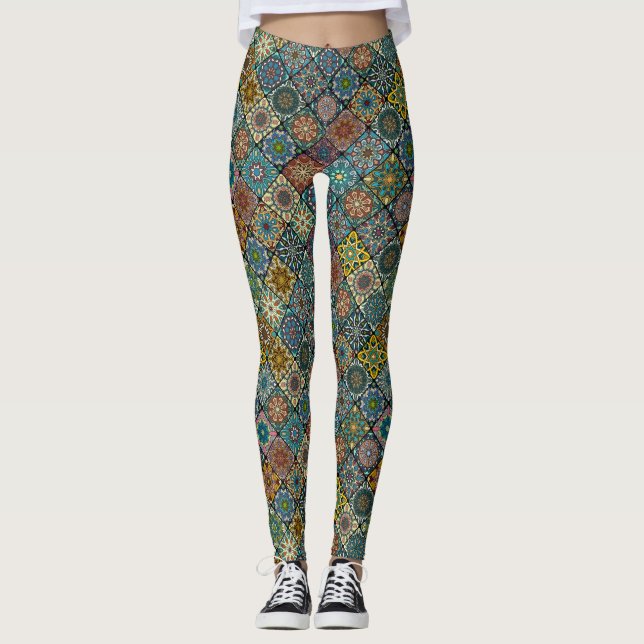 Colourful abstract tile pattern design leggings (Front)