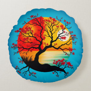 Colourful Abstract Tree Silhouette at Sunset Round Cushion