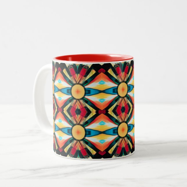 Colourful Abstract Tribal Inspired Two-Tone Coffee Mug (Front Left)