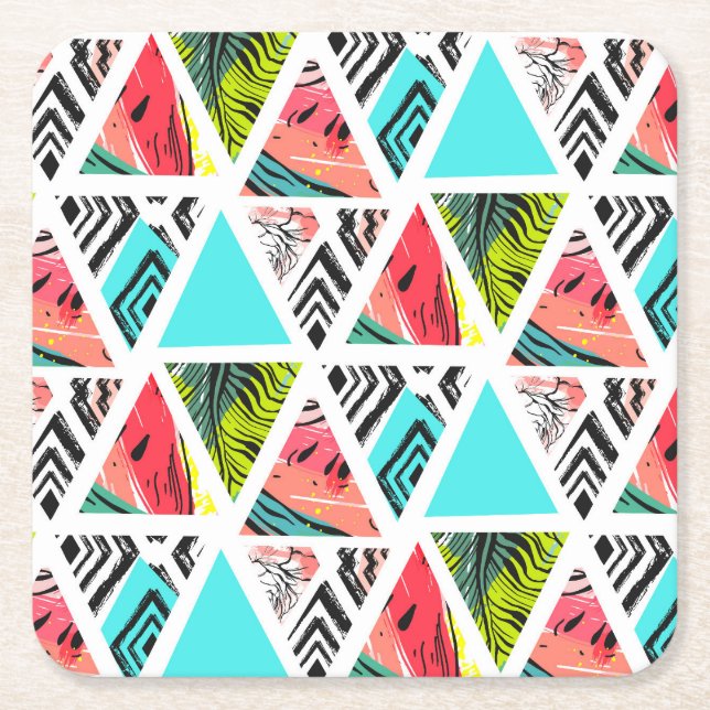 Colourful Abstract Tropical Pattern Square Paper Coaster (Front)