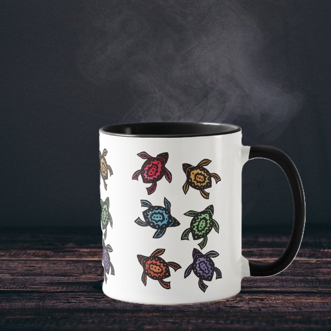 Colourful Abstract Turtles Coffee Mug (Bunch of black abstract turtles with designs and shells in multiple bright colours on coffee mug.)