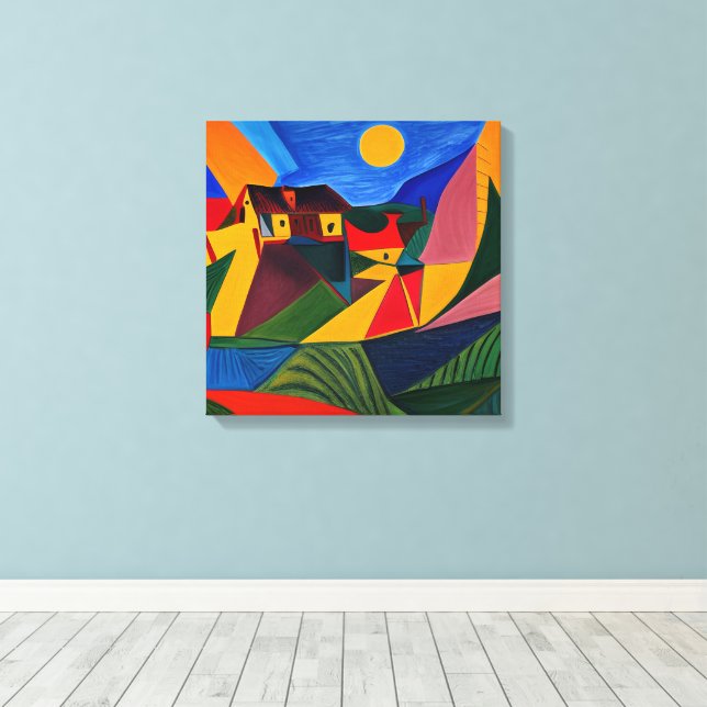 Colourful abstract village landscape  canvas print (Insitu(Wood Floor))