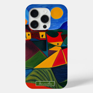 Colourful abstract village landscape iPhone 15 pro case