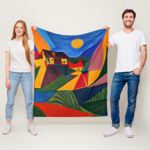 Colourful abstract village landscape house warming fleece blanket