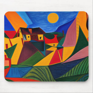 Colourful abstract village landscape mouse mat