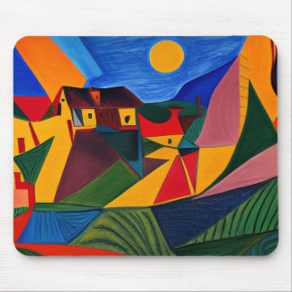 Colourful abstract village landscape mouse mat