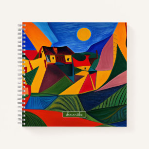 Colourful abstract village landscape personalised notebook
