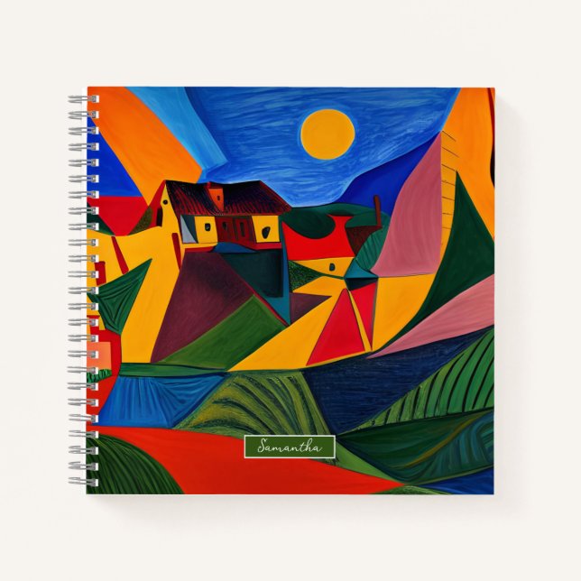 Colourful abstract village landscape personalised  notebook (Front)
