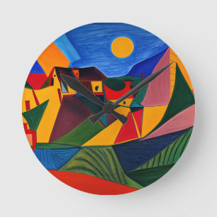 Colourful abstract village landscape  round clock