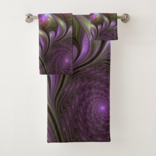 Colourful Abstract Violet Purple Khaki Fractal Art Bath Towel Set