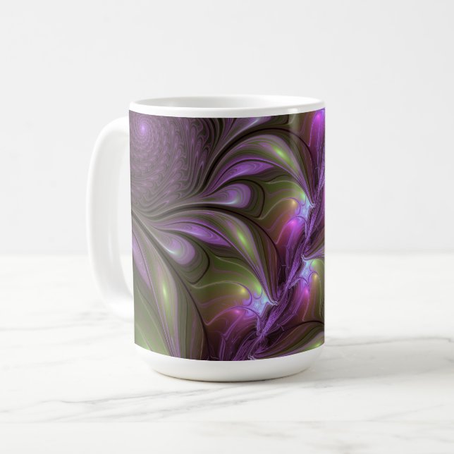 Colourful Abstract Violet Purple Khaki Fractal Art Coffee Mug (Front Left)