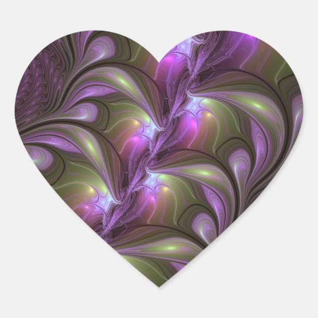 Colourful Abstract Violet Purple Khaki Fractal Art Heart Sticker (Front)
