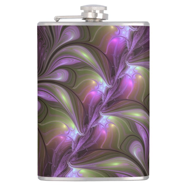 Colourful Abstract Violet Purple Khaki Fractal Art Hip Flask (Front)