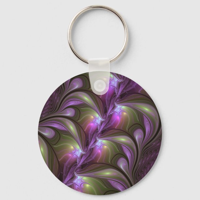 Colourful Abstract Violet Purple Khaki Fractal Art Key Ring (Front)