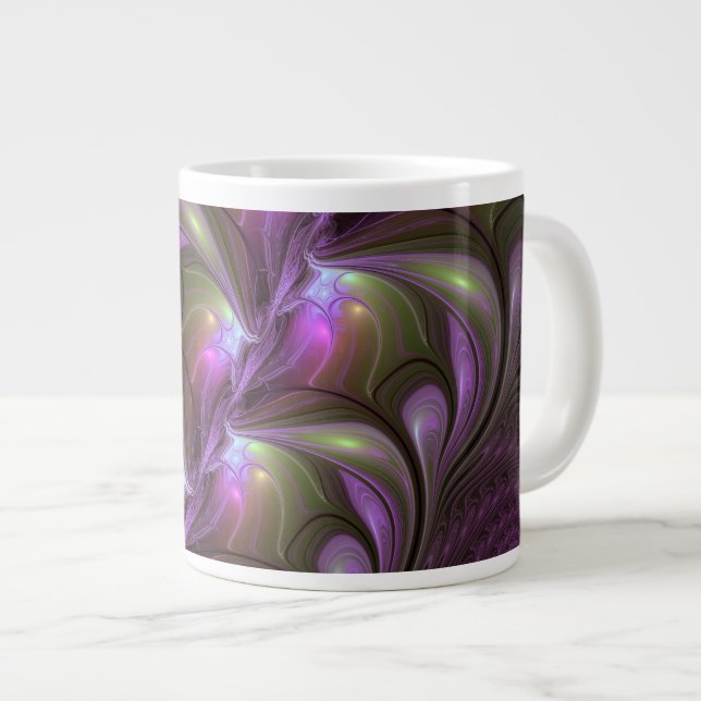 Colourful Abstract Violet Purple Khaki Fractal Art Large Coffee Mug (Front Right)