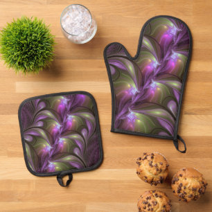 Colourful Abstract Violet Purple Khaki Fractal Art Oven Mitt & Pot Holder Set