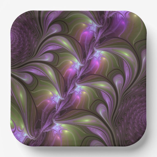 Colourful Abstract Violet Purple Khaki Fractal Art Paper Plate (Front)