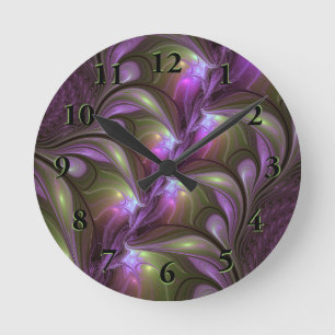 Colourful Abstract Violet Purple Khaki Fractal Art Round Clock