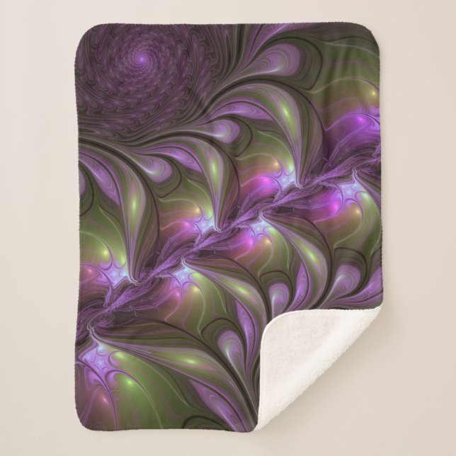 Colourful Abstract Violet Purple Khaki Fractal Art Sherpa Blanket (Front)