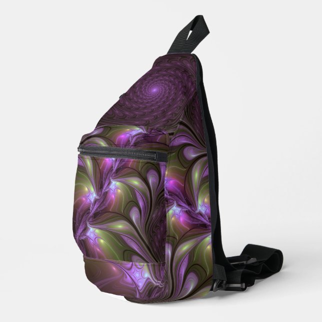 Colourful Abstract Violet Purple Khaki Fractal Art Sling Bag (Right Corner)