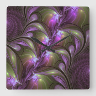 Colourful Abstract Violet Purple Khaki Fractal Art Square Wall Clock