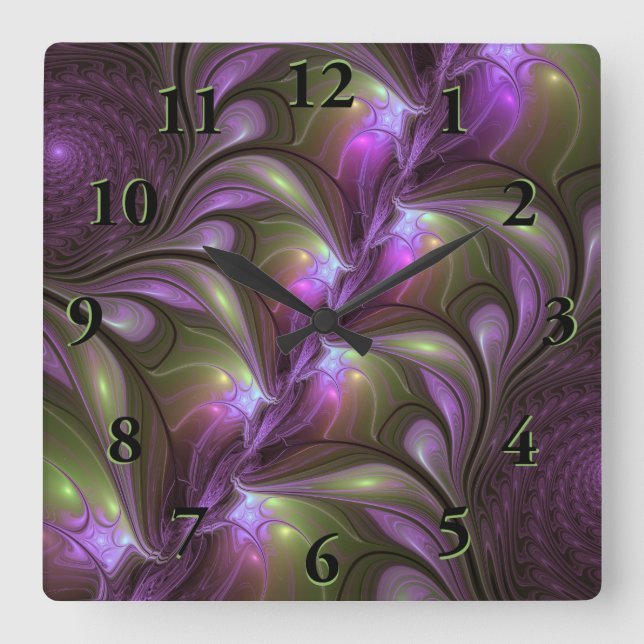 Colourful Abstract Violet Purple Khaki Fractal Art Square Wall Clock (Front)