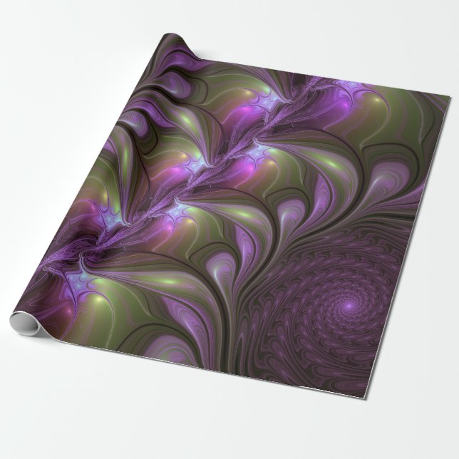 Colourful Abstract Violet Purple Khaki Fractal Art Wrapping Paper (Unrolled)