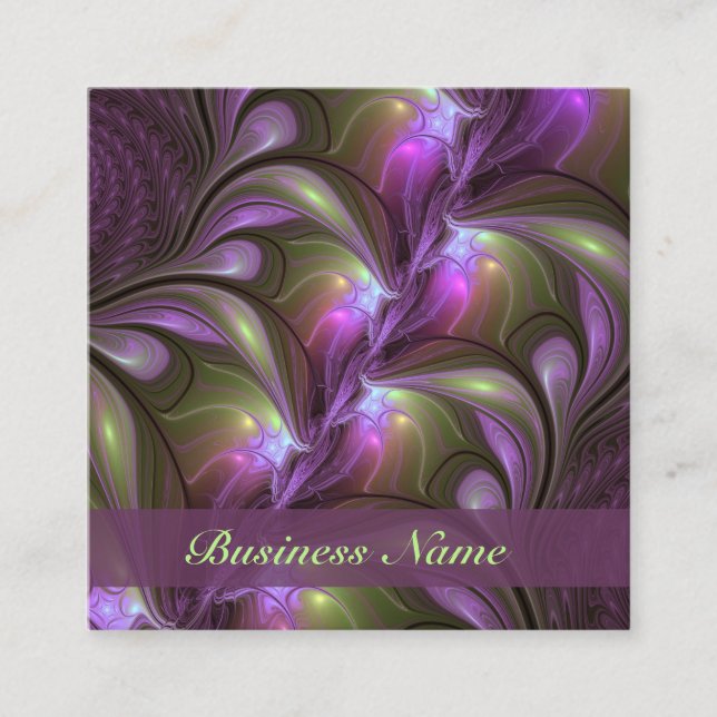 Colourful Abstract Violet Purple Khaki Fractal Nam Square Business Card (Front)
