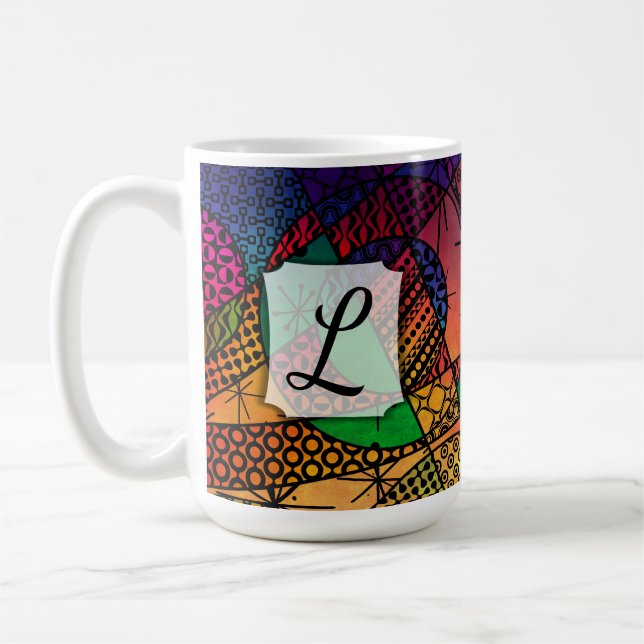 Colourful Abstract w/ Textures, Patterns & Monogra Coffee Mug (Left)