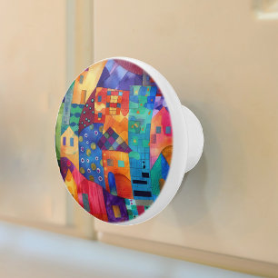 Colourful Abstract Watercolor Townscape Ceramic Knob