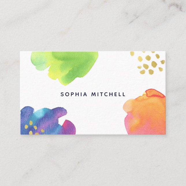 Colourful Abstract Watercolor with Gold Business Card (Front)