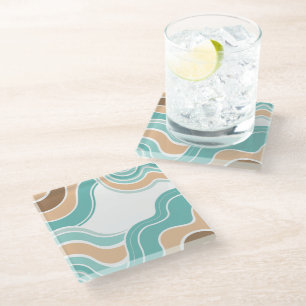 Colourful abstract wavy blue orange brown glass coaster