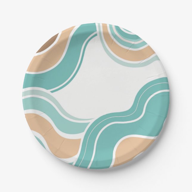 Colourful abstract wavy blue orange brown paper plate (Front)