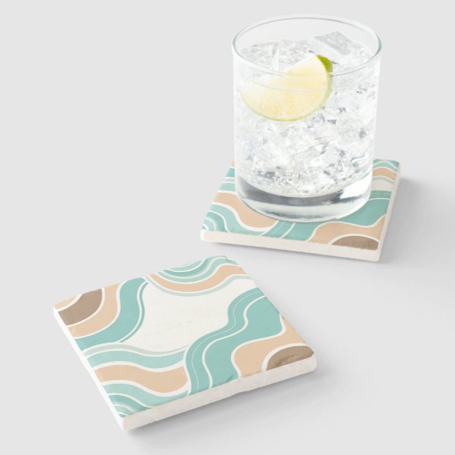 Colourful abstract wavy blue orange brown stone coaster (Side)