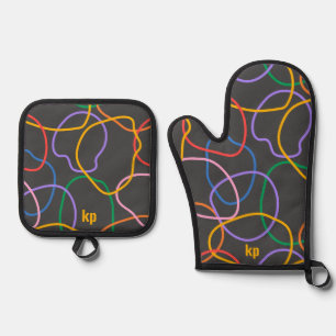 Colourful Abstract Wavy Lines Pattern Oven Mitt & Pot Holder Set