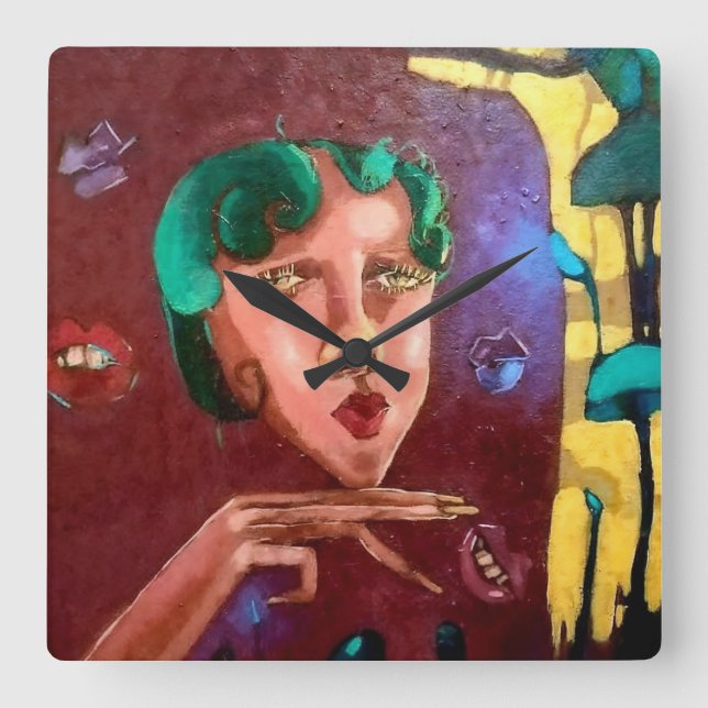 Colourful Abstract Woman Portrait – Oil Painting  Square Wall Clock (Front)
