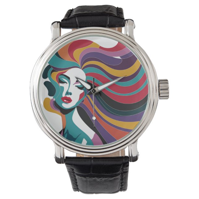 Colourful Abstract Woman with Flowing Hair Art Watch (Front)