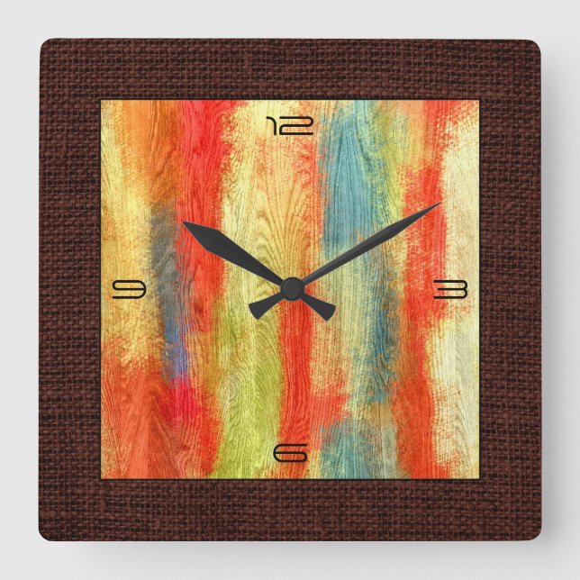 Colourful Abstract Wood Grain Modern Burlap Border Square Wall Clock (Front)